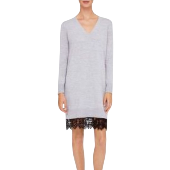 Club Monaco Gray 100% Wool Long Sleeve Dress with Black Lace Hem Womens Size M - Picture 1 of 11